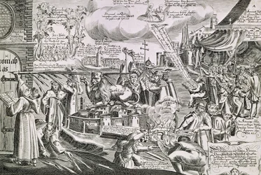 Martin Luther (1483-1546) schreibt 1517 an die Kirchentür in Wittenberg